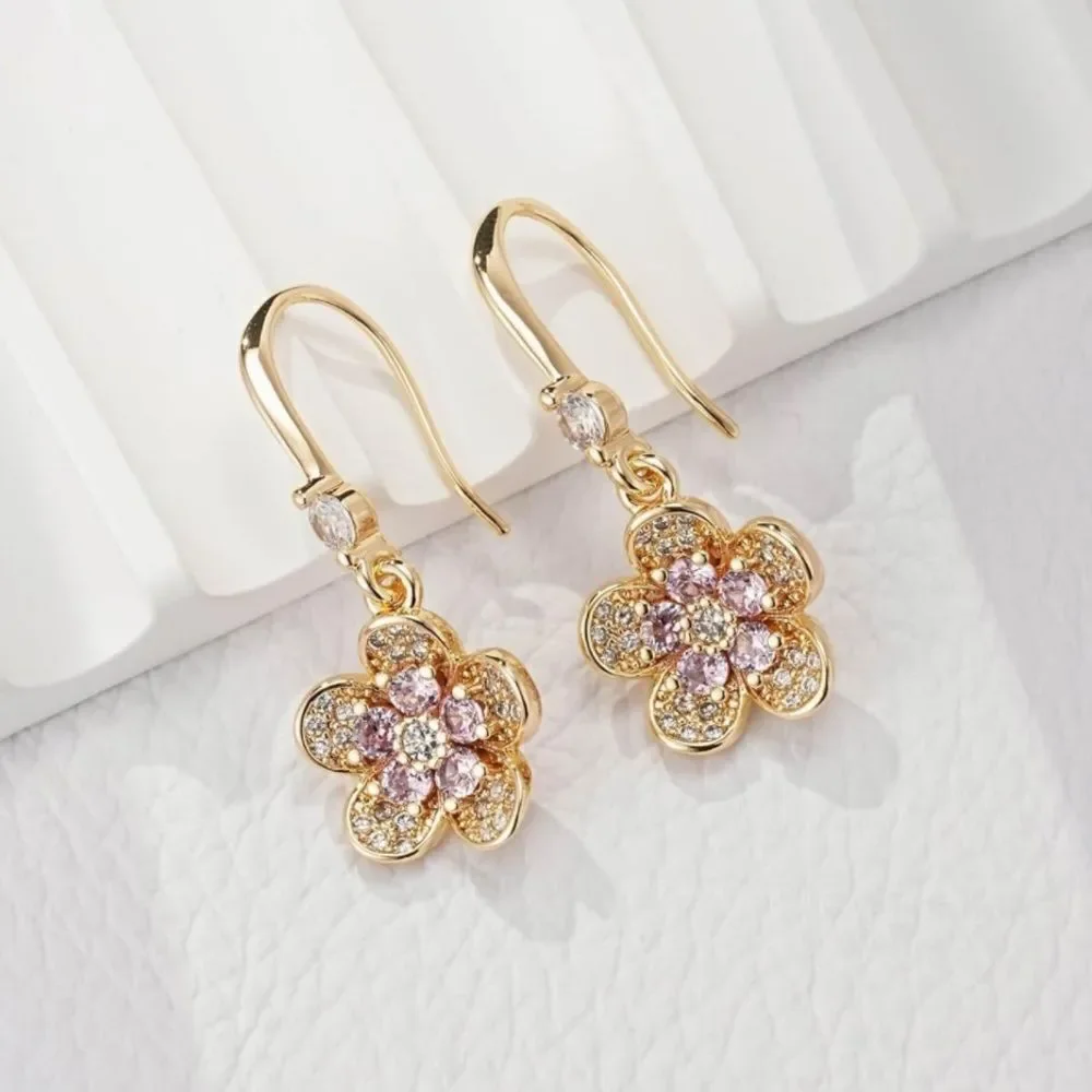 14K Yellow Gold with Pink Sapphire and Diamond Austrian Crystal Flower Earrings